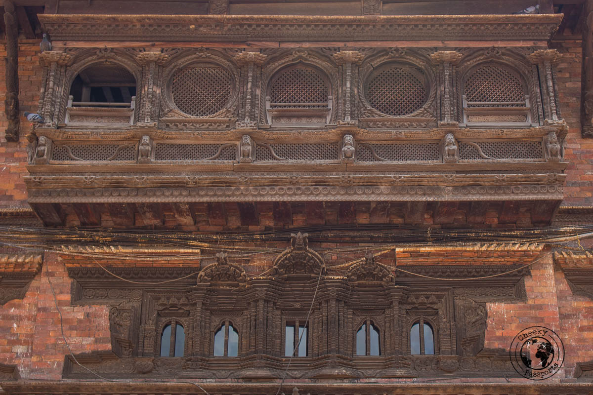 Intricate wood carved balcony in Dattatraya Square at Bhaktapur Durbar Square