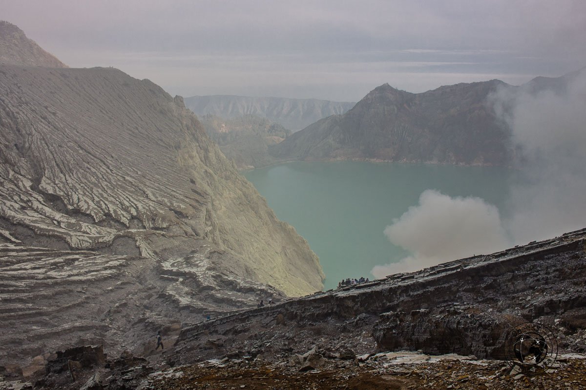 Kawah Ijen's sulphur acid lake on a very foggy morning - Bromo getting nervous - Mount Bromo Sunrise and Kawah Ijen Blue Flames in 2 days (without a tour)