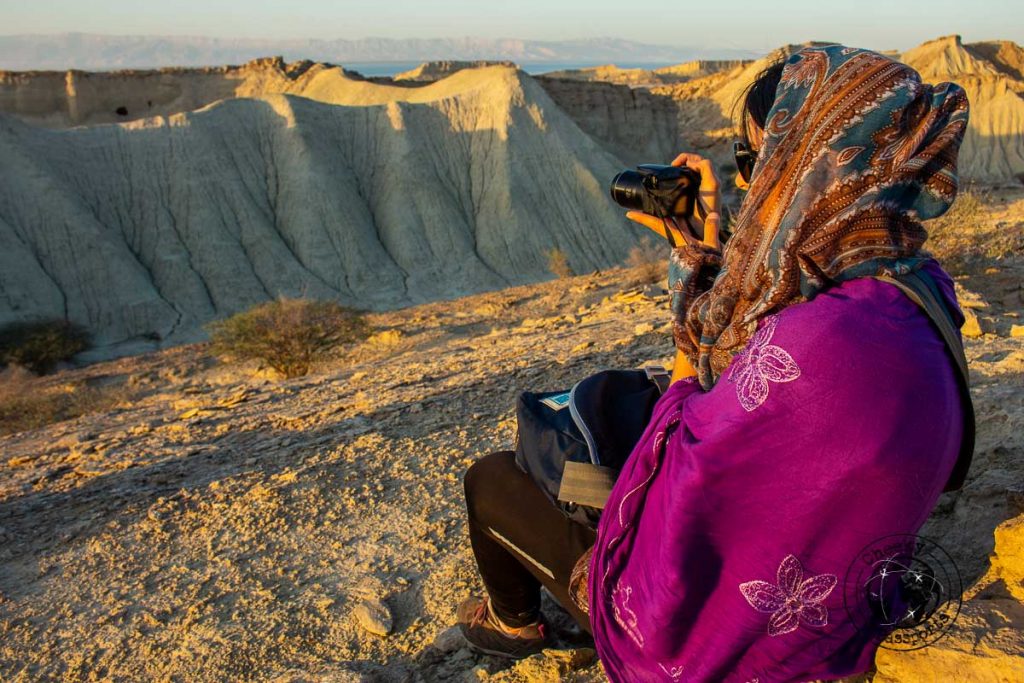 Michelle taking sunset pictures over the Chahkooh Canyon in Qeshm island
