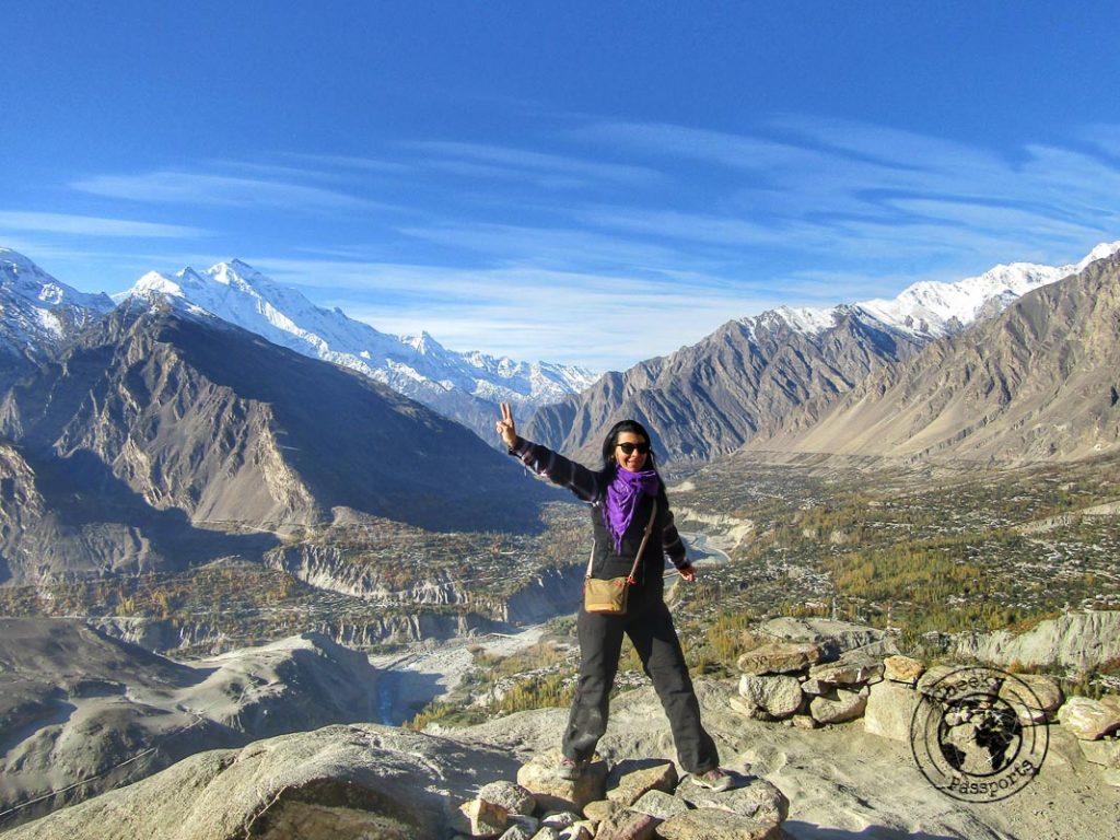 Michelle posing in front of Ladyfinger peak at the Hunza Valley