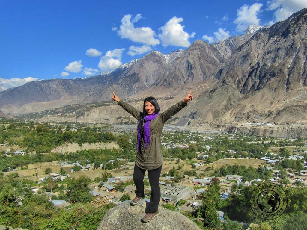 Michelle with the view of the mountains of the Kalash Valley